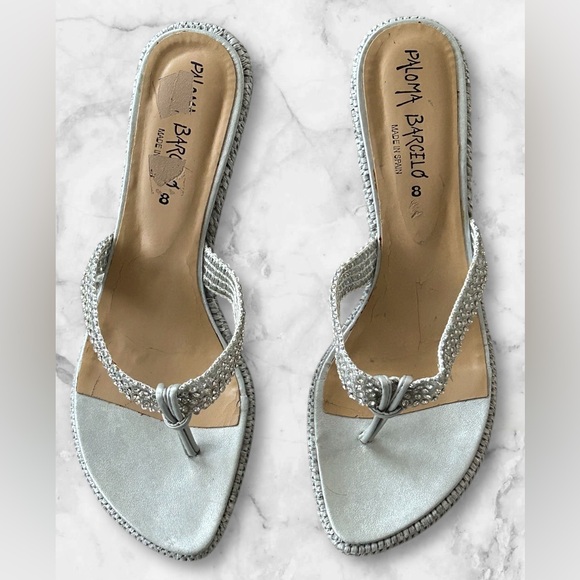 Paloma Barcelo Silver Rhinestone Thong Wedge Platform Sandals Euro 38 US Size 8 - Picture 6 of 12